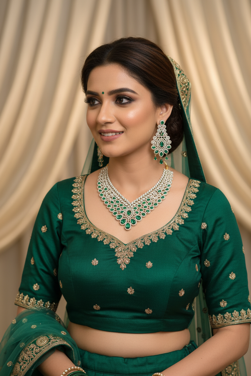 Bridal lifestyle — model wearing white AD and emerald green V-shape bridal necklace set