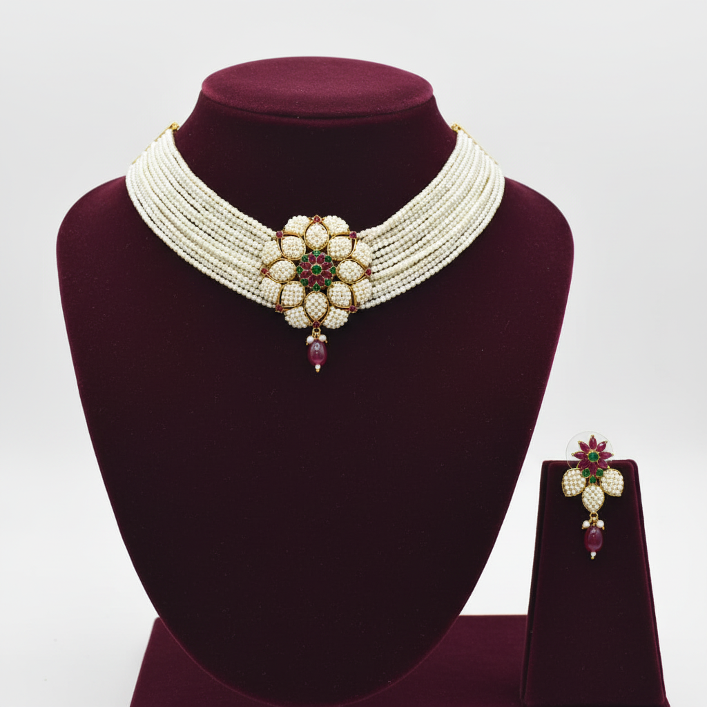 Extra-wide multi-strand seed pearl choker with ruby and emerald floral medallion set on burgundy velvet display