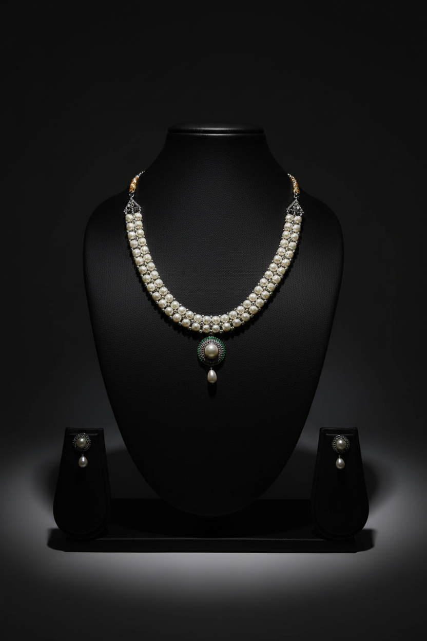 White AD necklace with teal pendant and pearl drop set on dark velvet studio display