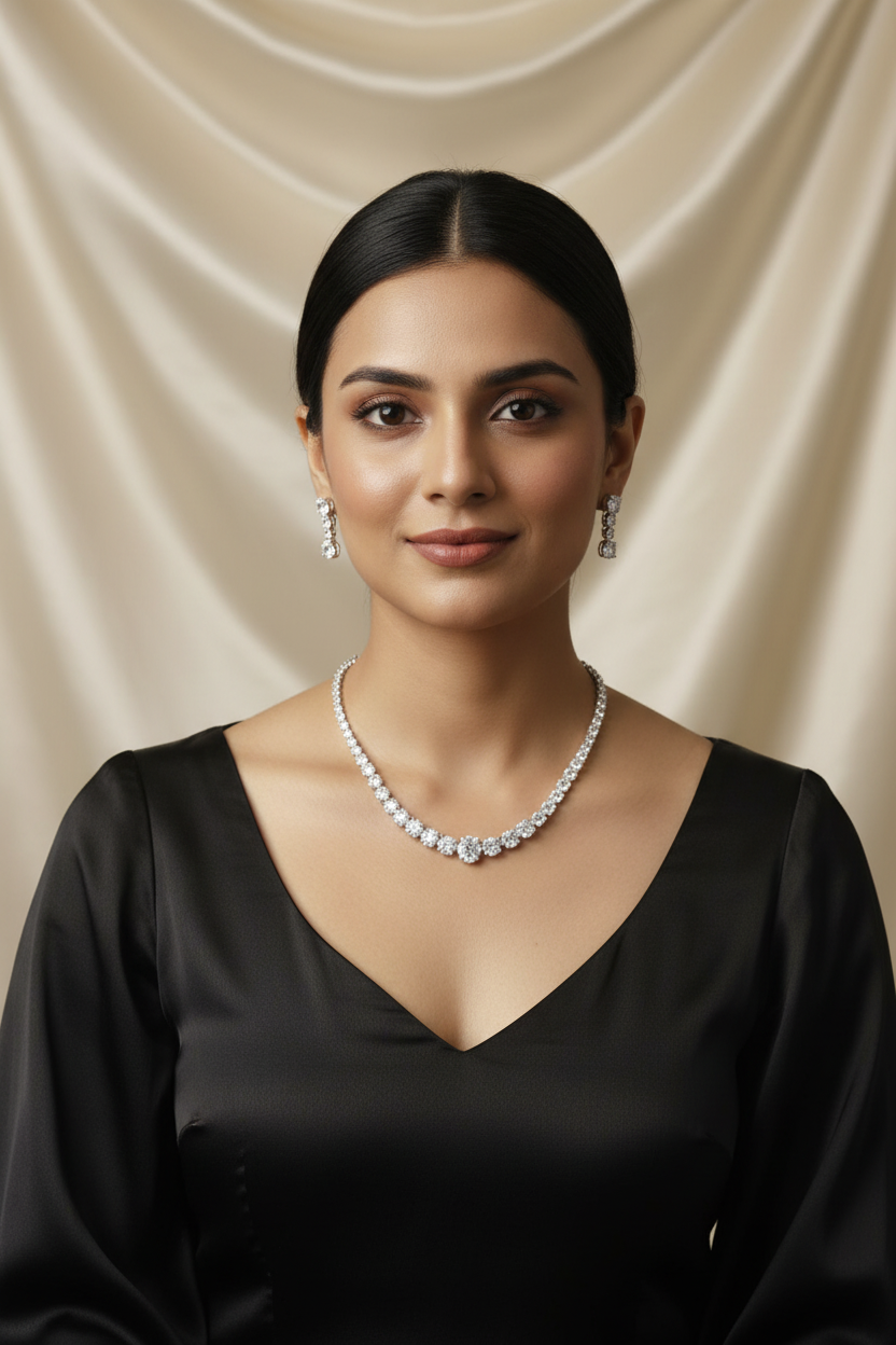 Lifestyle shot — model wearing white AD mixed-cut graduated tennis necklace set with pear drop earrings