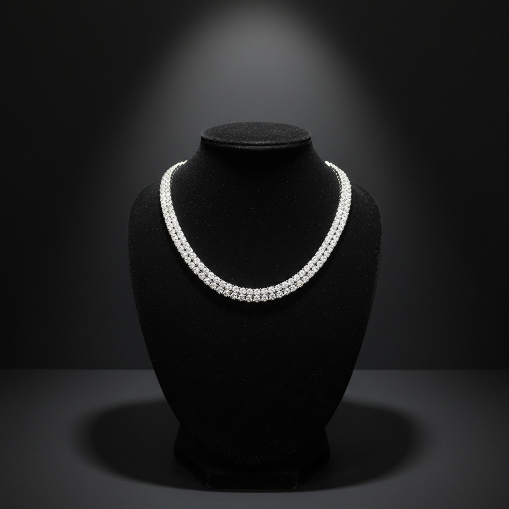 White AD double-row tennis necklace on dark velvet studio display