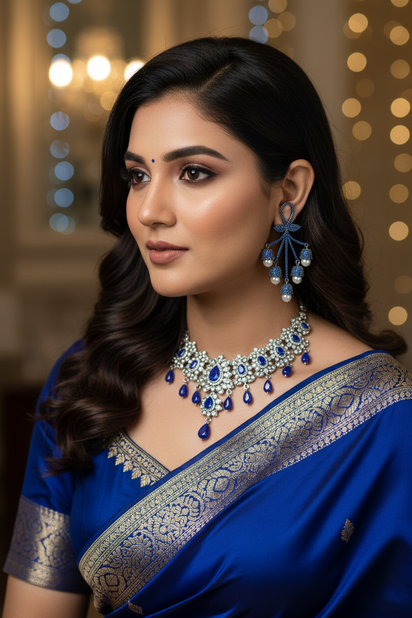 Royal Blue CZ Floral Bow Crystal Ball Drop Chandelier Earrings – lifestyle editorial saree look
