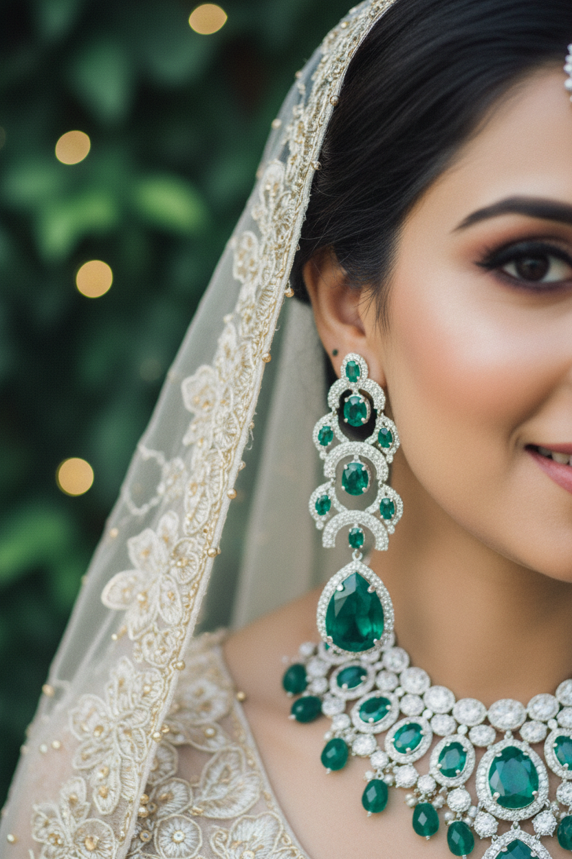 Silver AD Emerald Green CZ Three-Tier Chandelier Drop Earrings - Bridal Lifestyle Editorial