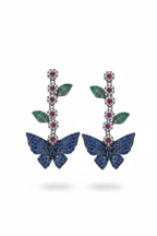 Blue Butterfly Garden Drop Earrings – white background studio promotional image