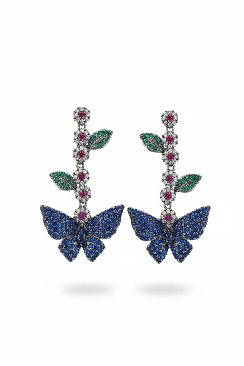 Blue Butterfly Garden Drop Earrings – white background studio promotional image