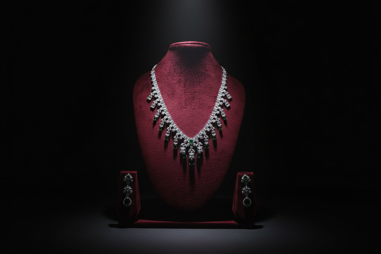 Emerald and diamond AD fringe necklace set promotional banner on black background
