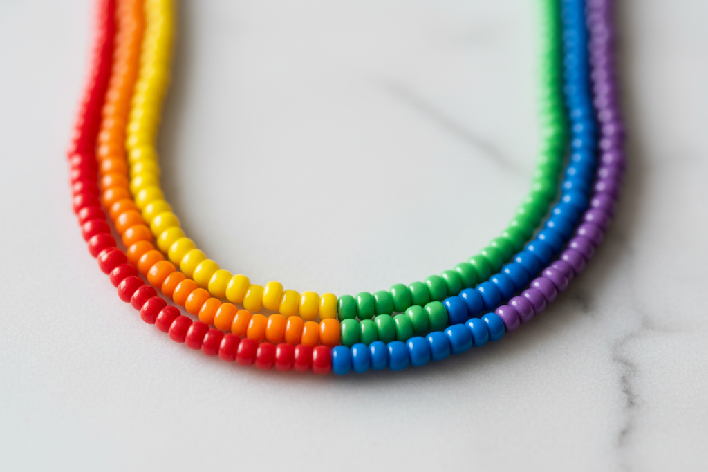 Close-up of rainbow seed bead strands on white marble