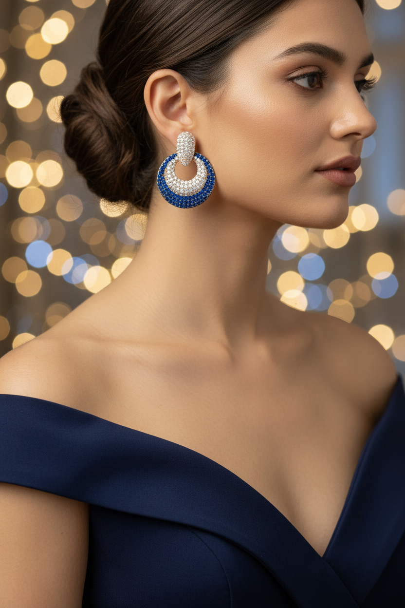 Sapphire Blue CZ Open Circle Earrings – lifestyle editorial evening look