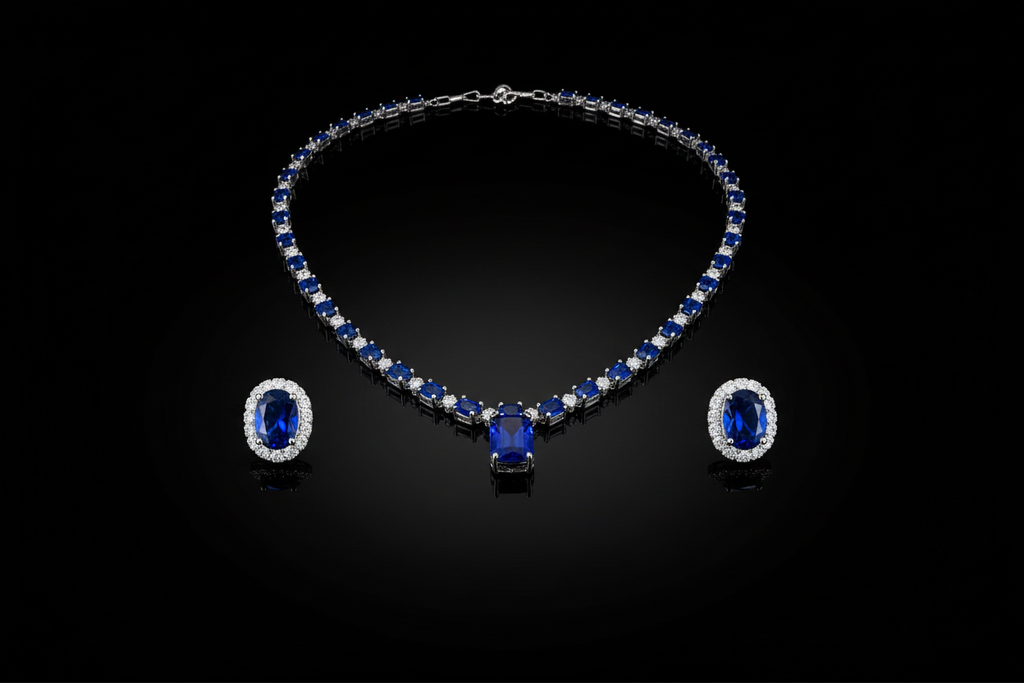 Royal blue sapphire AD tennis necklace set promotional banner on black background