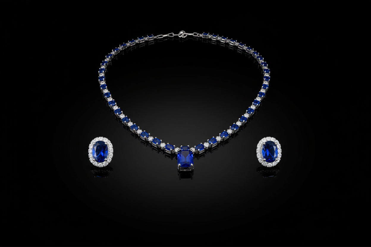 Royal blue sapphire AD tennis necklace set promotional banner on black background