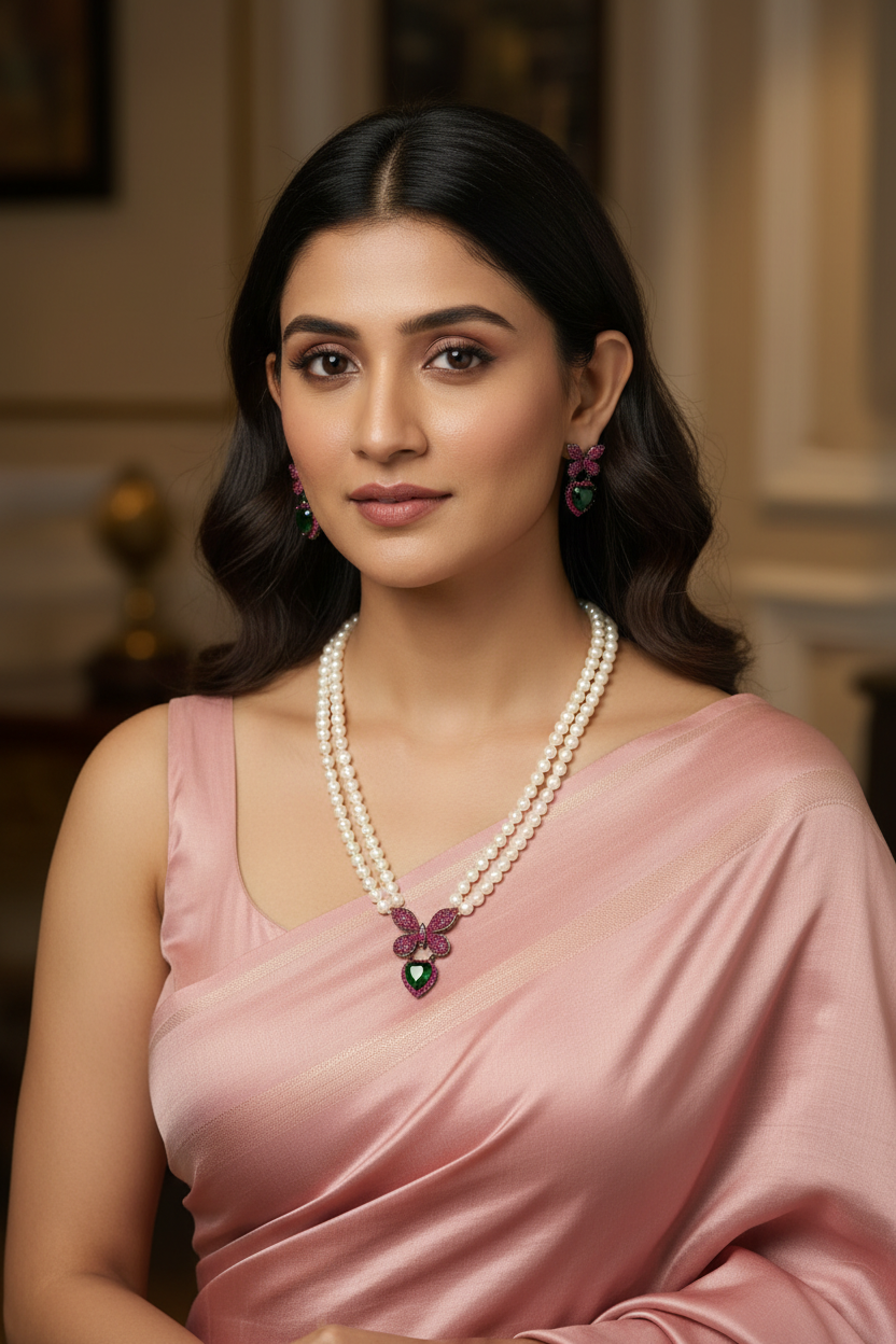 Lifestyle shot — model wearing double-strand pearl and ruby pink AD butterfly bow emerald heart pendant necklace set