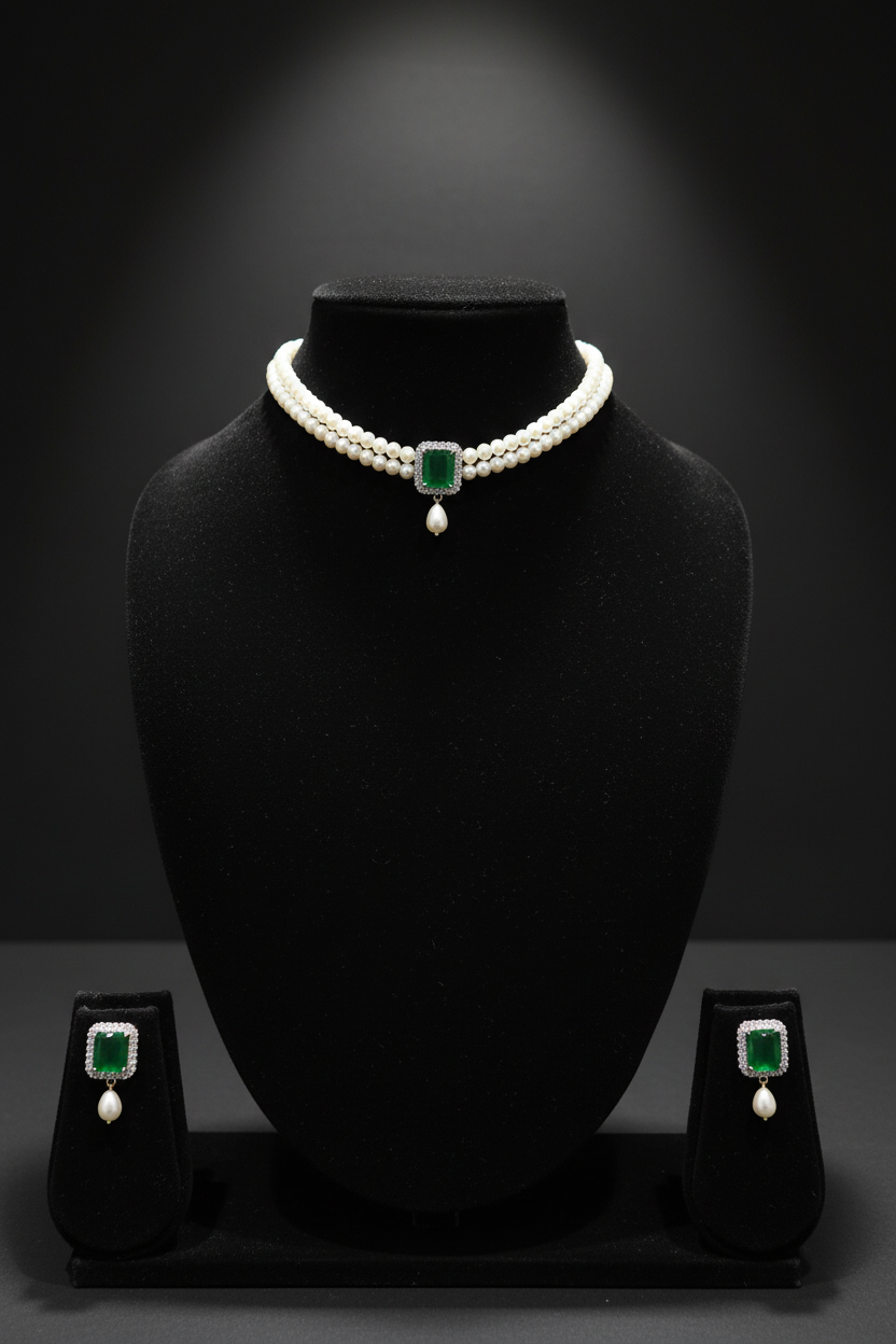 Seed pearl choker with emerald square AD pendant on dark velvet studio display