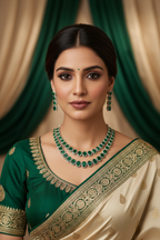 Bridal lifestyle — model wearing emerald green oval AD double-row tennis necklace set with linear stud earrings