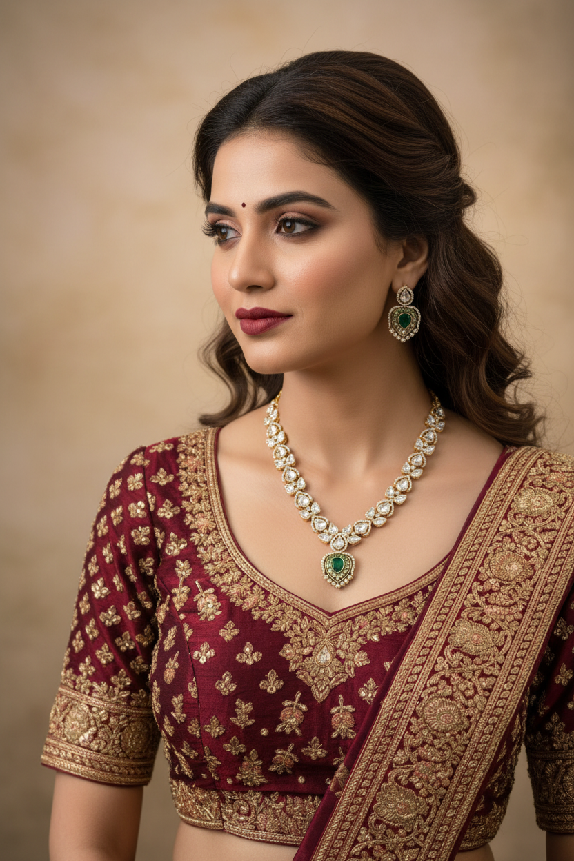 Bridal lifestyle — model wearing gold polki AD heart pendant necklace set