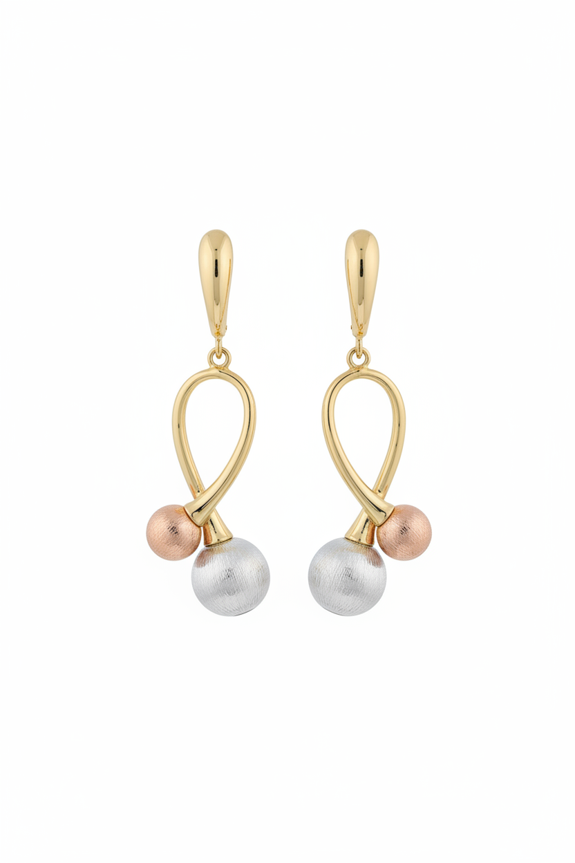 Tri-Tone Ball Drop Hoop Earrings – white background studio promotional image