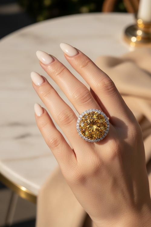 92.5 Sterling Silver Citrine Yellow Round Cluster Halo Ring lifestyle editorial shot