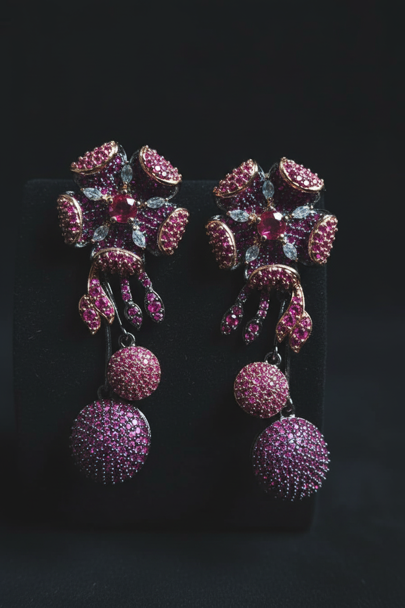 Fuchsia Pink Purple Floral Drop Earrings - editorial lifestyle shot