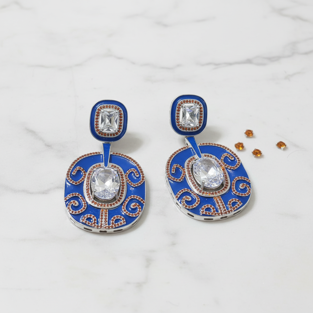 Royal Blue Enamel CZ Filigree Disc Earrings – luxury flat lay on marble