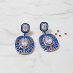 Royal Blue Enamel CZ Filigree Disc Earrings – luxury flat lay on marble