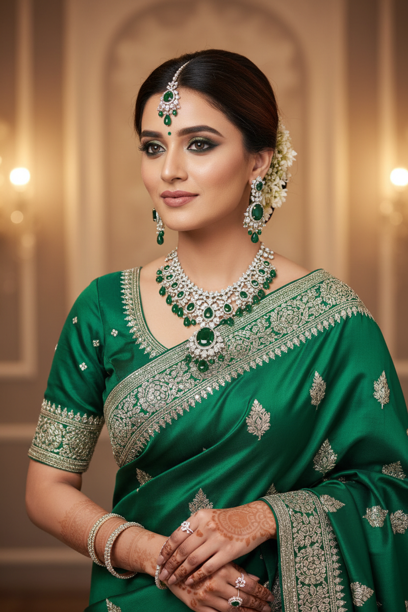 Bridal lifestyle shot with emerald AD necklace set