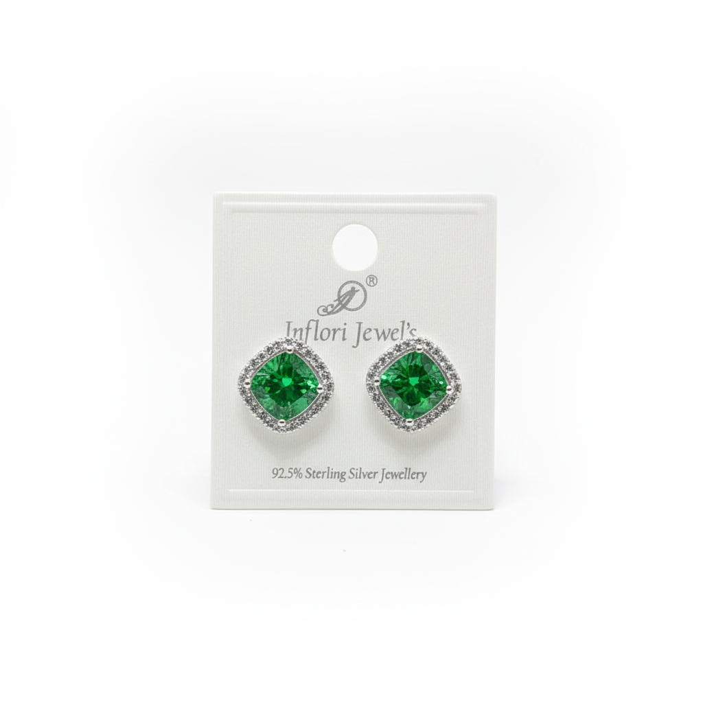 92.5 Sterling Silver Emerald Green Princess-Cut Cluster Halo Stud Earrings studio product shot