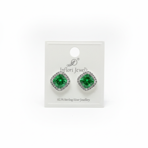 92.5 Sterling Silver Emerald Green Princess-Cut Cluster Halo Stud Earrings studio product shot