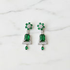 Silver AD Emerald Green CZ Sunflower Top Trapezoid Bell Drop Earrings - Studio Promotional Shot