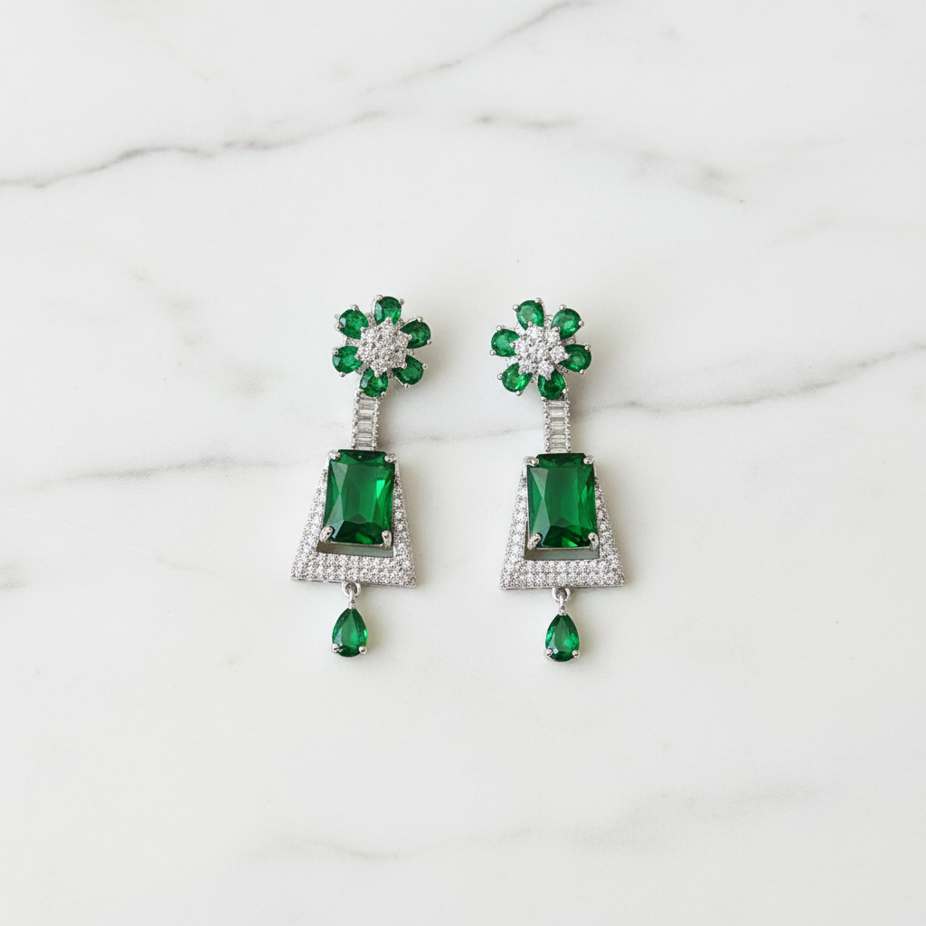 Silver AD Emerald Green CZ Sunflower Top Trapezoid Bell Drop Earrings - Studio Promotional Shot