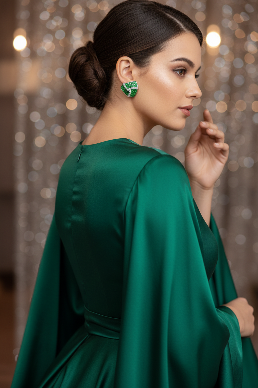 Emerald Green CZ Invisible-Set Fan Stud Earrings – lifestyle editorial evening look