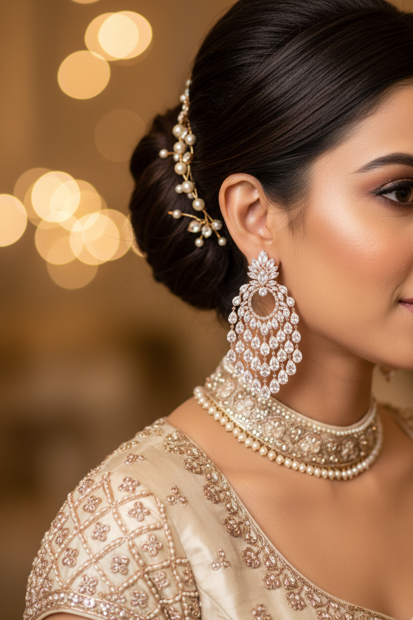Rose Gold AD Diamond CZ Fan Chandelier Earrings - Bridal Lifestyle Editorial