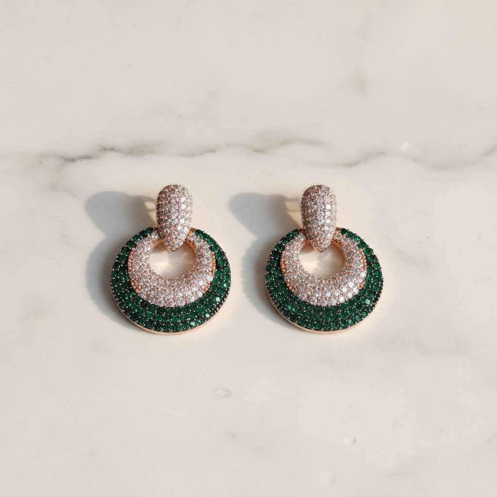 Emerald Green CZ Open Circle Earrings – luxury flat lay on marble