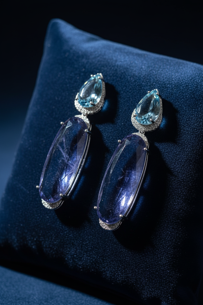 Tanzanite Blue Oval Drop Earrings – dark velvet luxury editorial promotional image