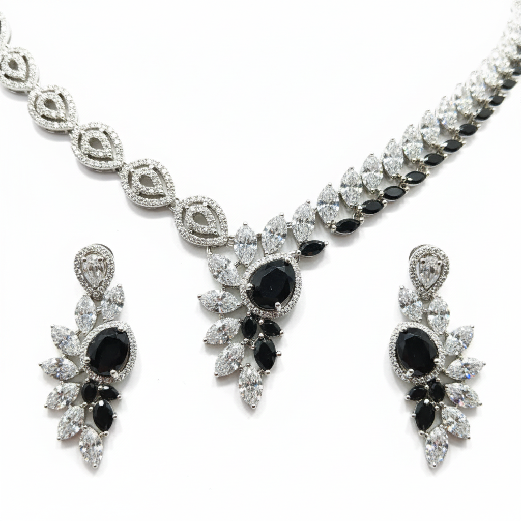 Close-up macro of leaf motif and black onyx centre stone