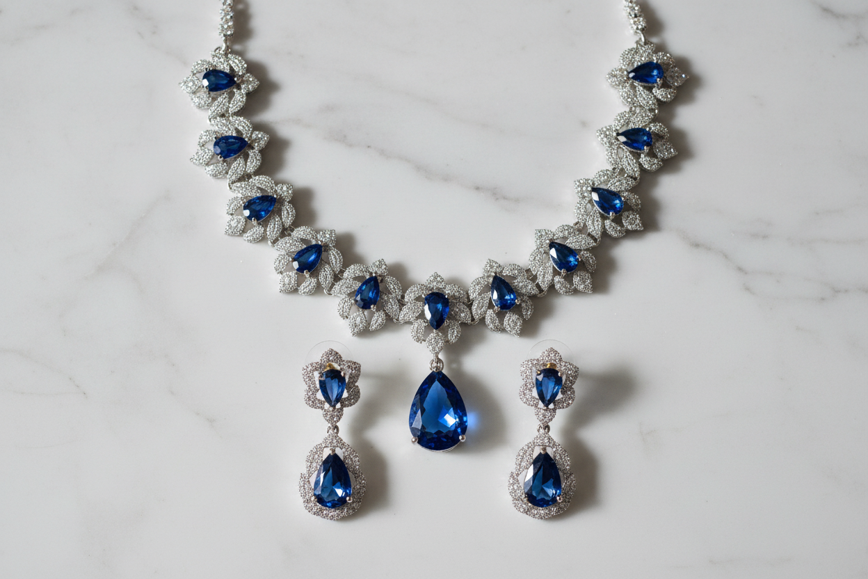 Sapphire blue floral AD necklace set flat lay on white marble