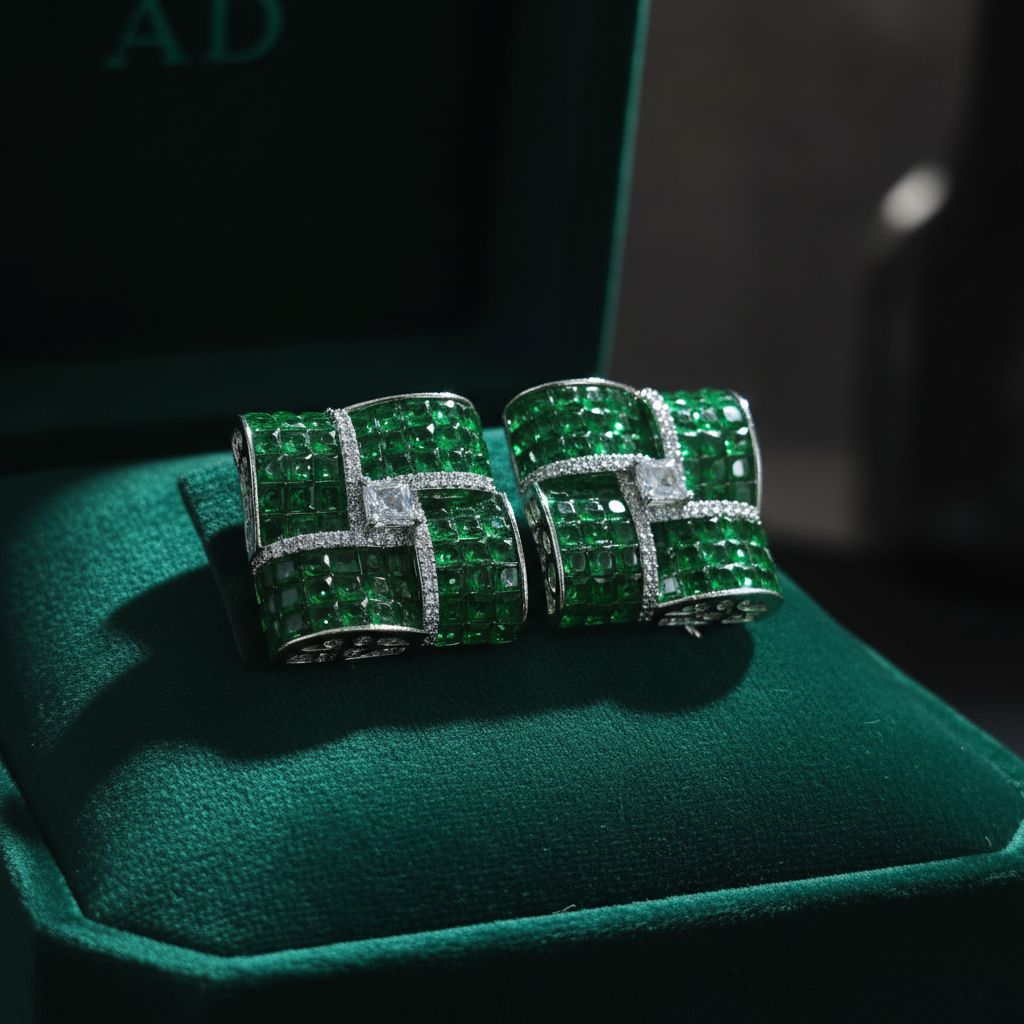 Emerald Royale AD Earrings – dark velvet luxury editorial promotional image