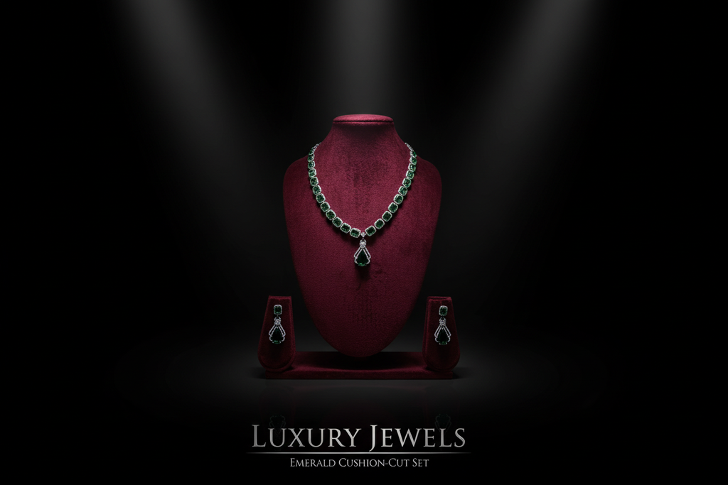 Emerald cushion-cut AD necklace set promotional banner on black background