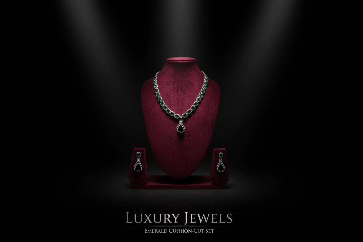 Emerald cushion-cut AD necklace set promotional banner on black background