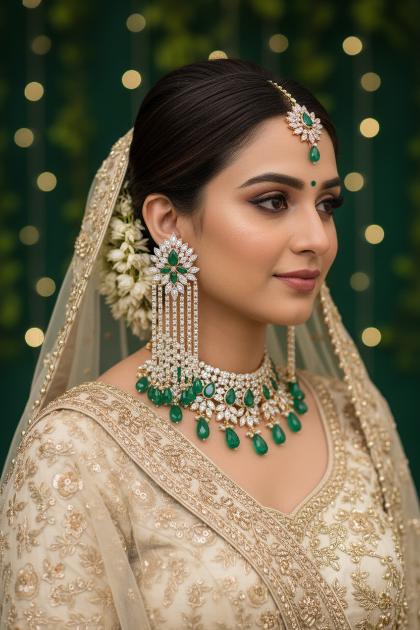Rose Gold AD Emerald Green Marquise Leaf Fan Diamond Chain Tassel Earrings - Bridal Lifestyle Editorial