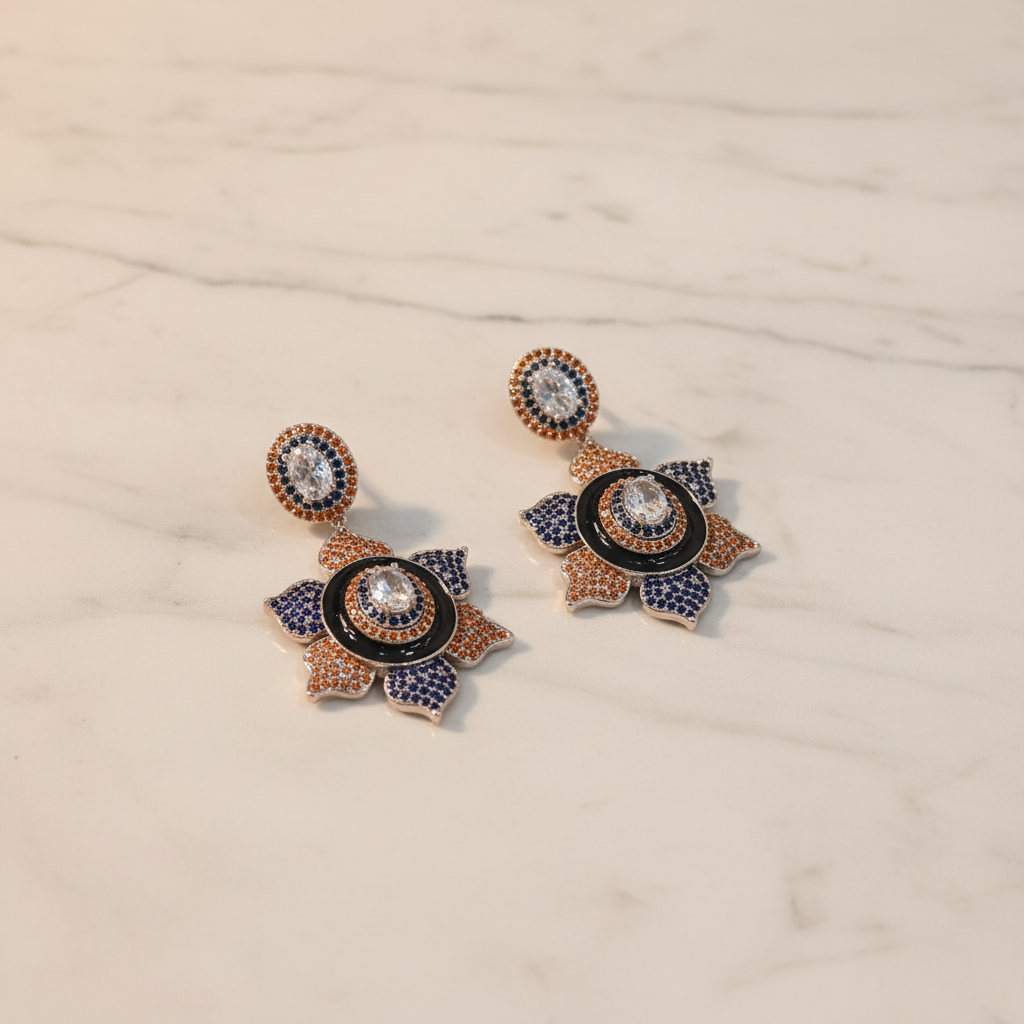 Navy Blue Amber Black Enamel Lotus Earrings – luxury flat lay on marble