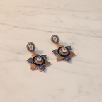 Navy Blue Amber Black Enamel Lotus Earrings – luxury flat lay on marble