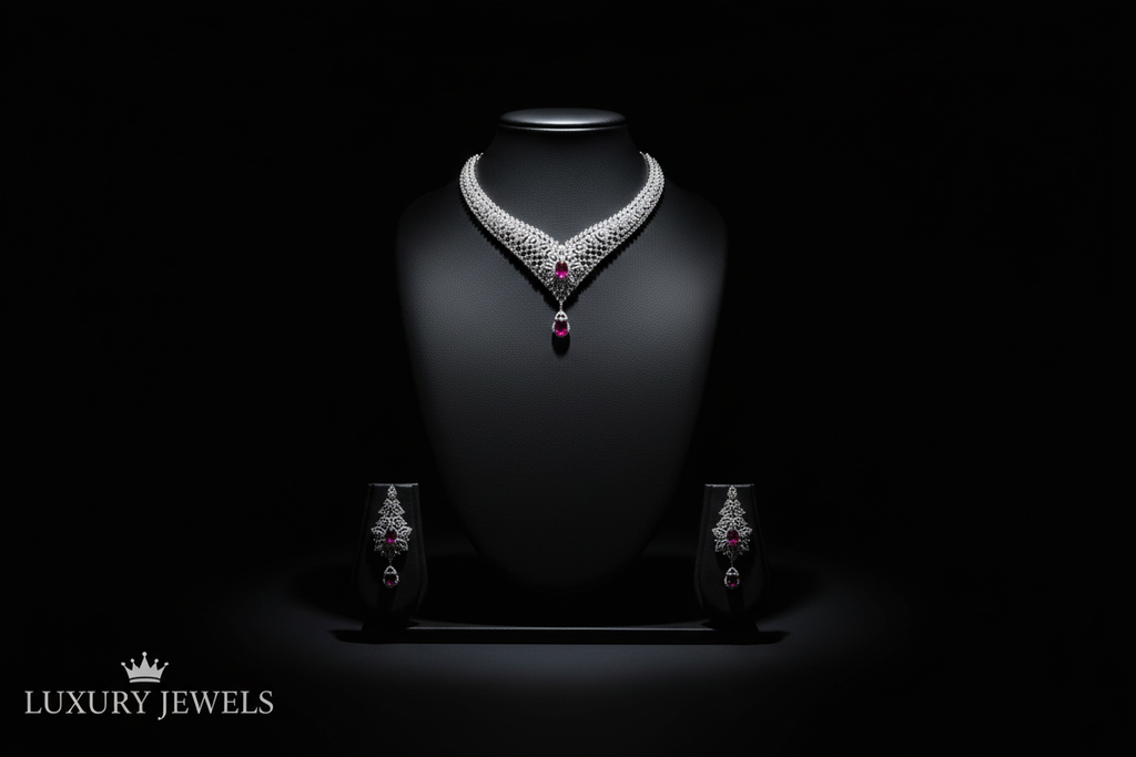 Ruby AD V-necklace set promotional banner on black background