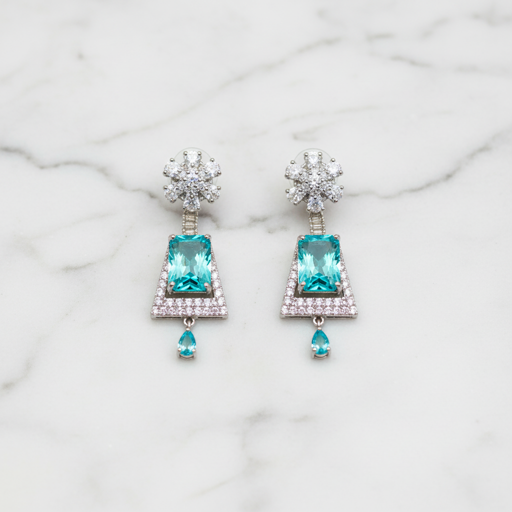 Silver AD Aqua Blue CZ Trapezoid Earrings - Studio Promotional Shot