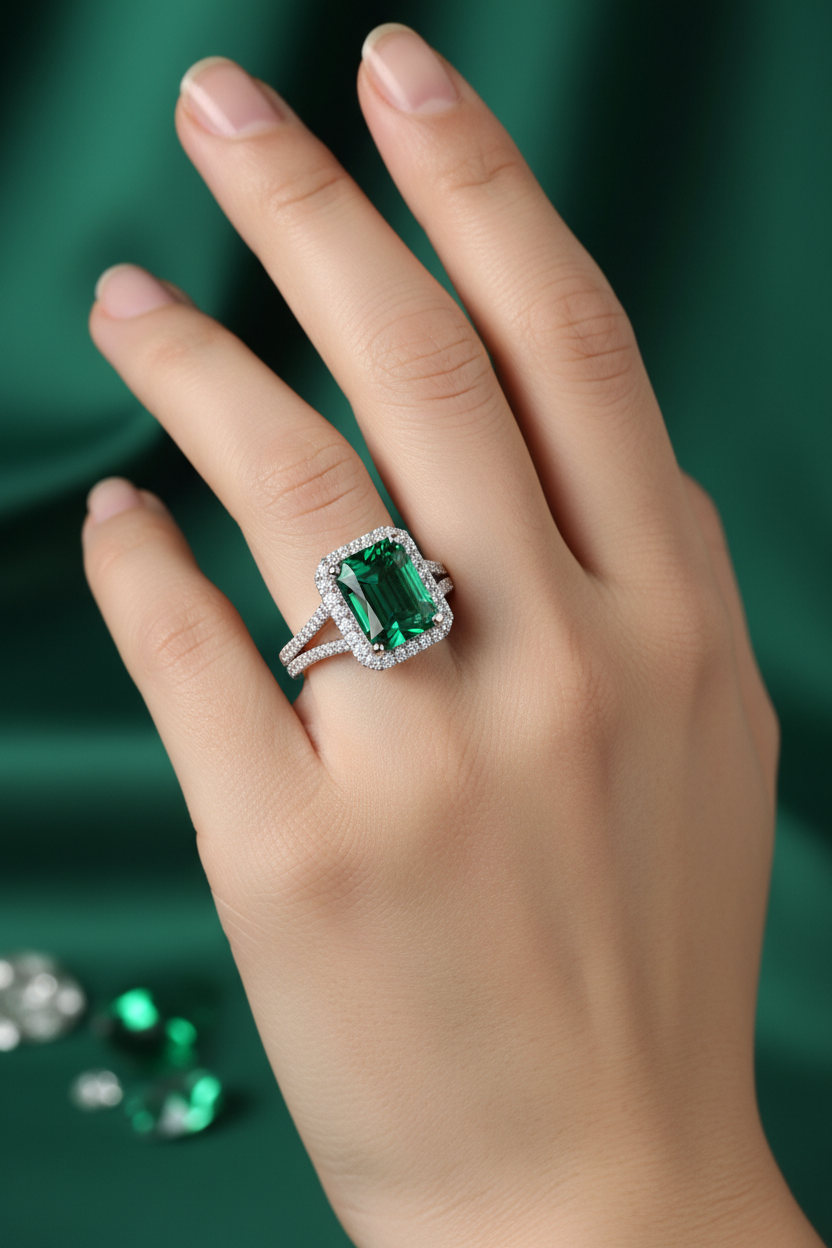 92.5 Sterling Silver Emerald-Cut Green Halo Ring lifestyle editorial shot