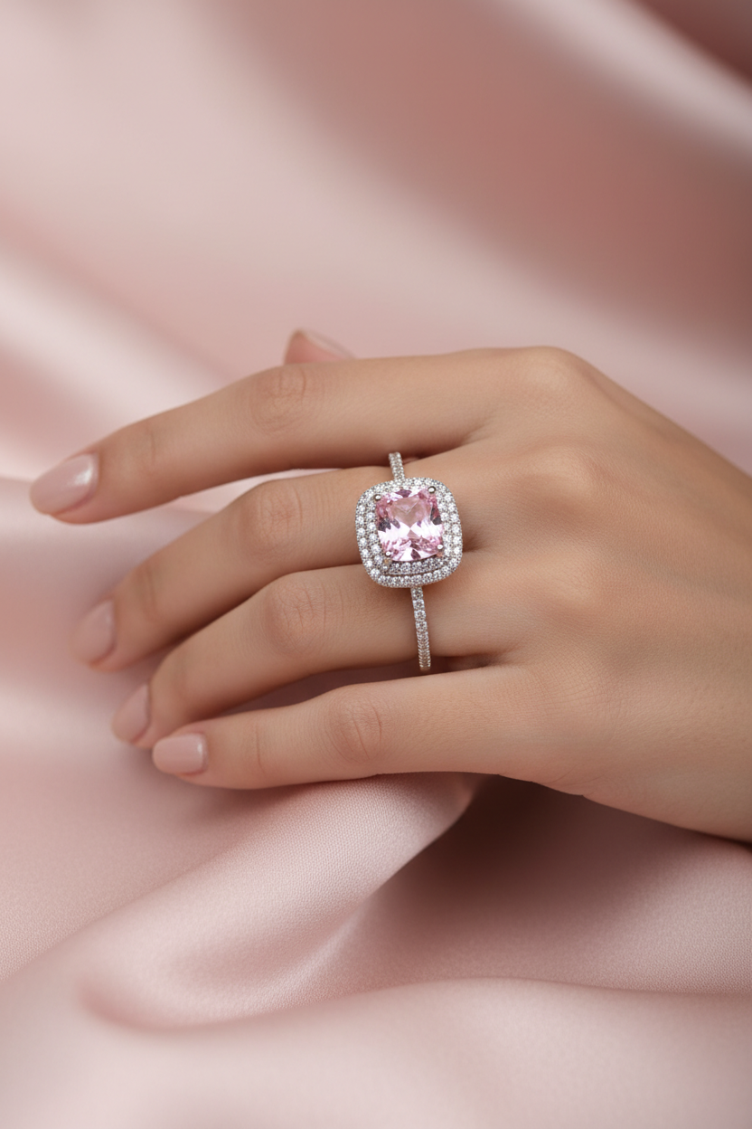 Pink CZ Cushion Halo Ring Lifestyle