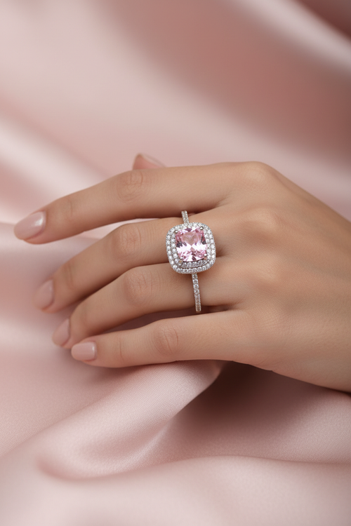 Pink CZ Cushion Halo Ring Lifestyle